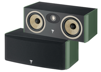 Focal Aria EVO X Centre Speakers in Moss Green, shown without and with grille