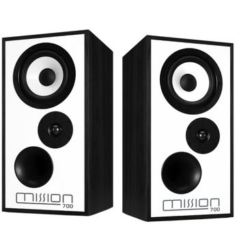 Mission 700 Speakers in Black Oak, pair shown without grilles