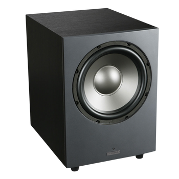 Mission LX-10SUB MKII Active Dynamic Drive IB Subwoofer in Lux Black Matte, angled 