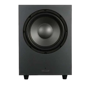 Mission LX-10SUB MKII Active Dynamic Drive IB Subwoofer in Walnut Pearl, angled with grille
