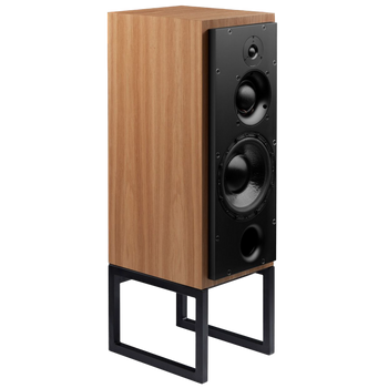 ATC SCM50ASL Active Speakers in Oak.  Individual speaker shown on an angle and without grille