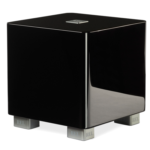 REL T/5x Subwoofer in High Gloss Black, angled image