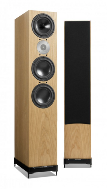 Spendor D9.2 Floorstanding Speakers in Natural Oak. Image shows one speaker without grille, the other with grille

