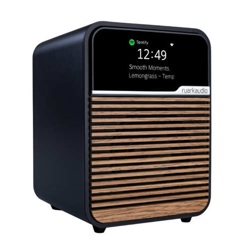 Ruark Audio R1S Smart Radio, in charcoal, angled image