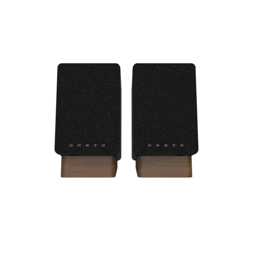 Onkyo GX-10DB Powered Speakers in Black pair.  Front view with grille