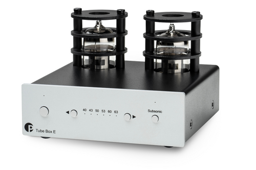 ProJect Tube Box E Phono Pre-amplifier, in Silver, angled