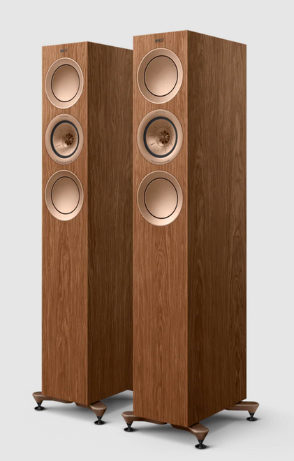 KEF R5 Meta Floorstanding Speakers in Walnut.
