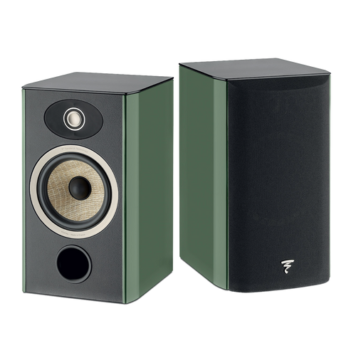 Focal Aria EVO X N° 1 Bookshelf Speaker air in Moss Green.  Image shows one speaker without Grille and one with Grille