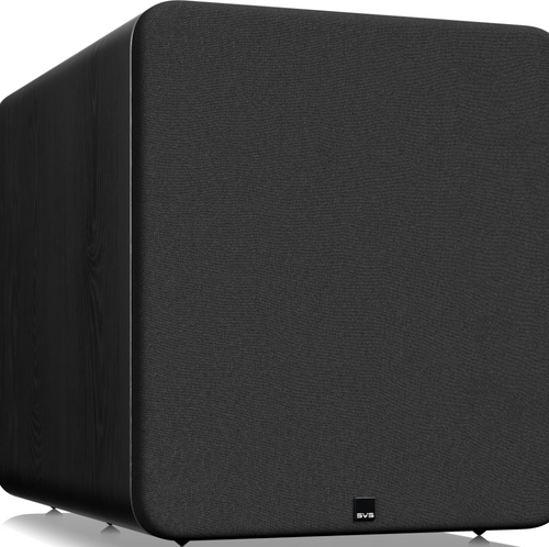 SVS PB-5000 R|Evolution Ported Box Subwoofer in Black Ash angled with Grille