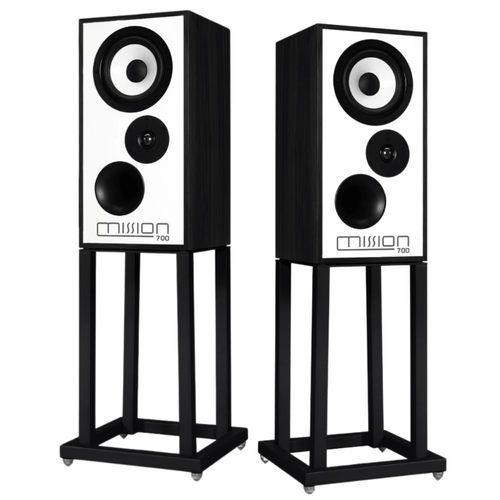 Mission 700 Speakers in Black Oak  pair shown without grilles and on Mission 700 Speaker Stands 