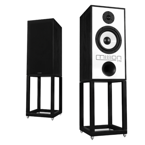 Mission 770 Speakers in Black Oak  pair shown without grilles and on Mission 770 Speaker Stands 