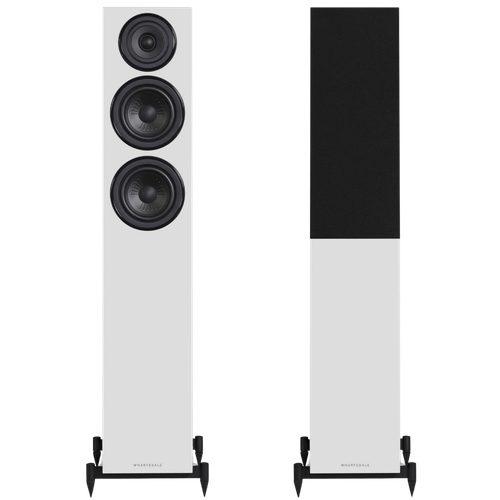 Wharfedale Diamond 12.4 Floorstanding Speakers in White.  Front shown without and with Grille
