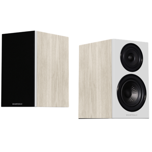 Wharfedale Diamond 12.1 Bookshelf Speakers in Light Oak with and without Grille
