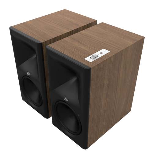 Klipsch The Nines II Powered Speakers in Walnut, angled without grilles