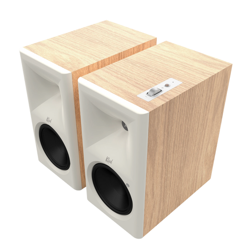 Klipsch The Sevens II Powered Speaker Pair in Red Oak, angled without grille
