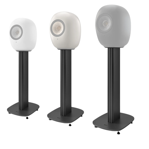 KEF S-Luxe Floor Stands with range of LS Luxe Speaker colours, Mineral White, Dusk Titanium and Eclipse Black