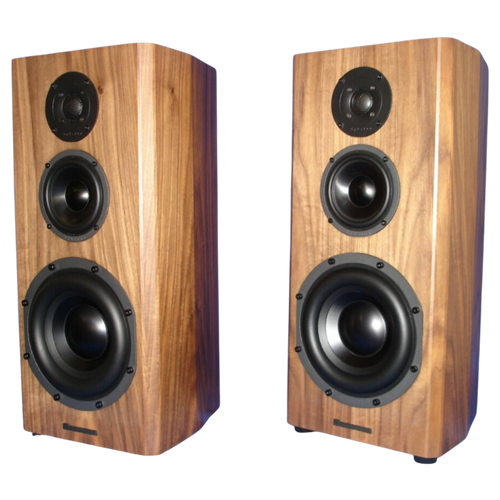 Bryston Mini T Loudspeakers in Walnut angled to the left
