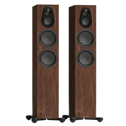 Monitor Audio Silver 300 8G Floorstanding Speakers shown in European Walnut and without Grilles