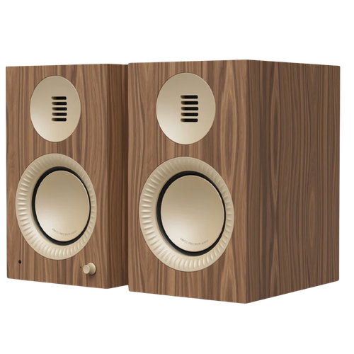 Kanto Audio TUK 2nd Generation 260W Active Speakers in Matte Walnut with Rose Gold, angled