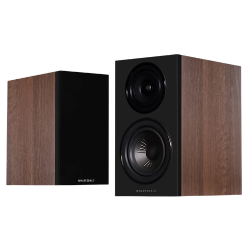 Wharfedale Diamond 12.1i Bookshelf Speaker pair shown in Walnut, with and without grille.