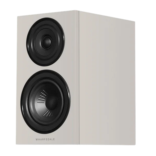 Wharfedale Diamond 12.1i Bookshelf Speakers. Angled view of individual speaker shown in Grey and without grille.