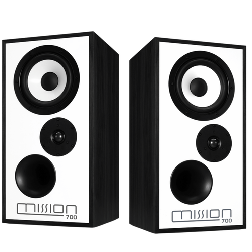 Mission 700 Speakers in Black Oak, pair shown without grilles