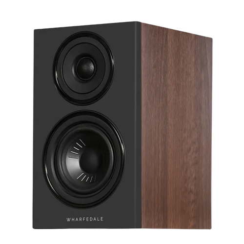 Wharfedale Diamond 12.0i Bookshelf Speakers. Angled view of individual speaker shown in Walnut and without grille.