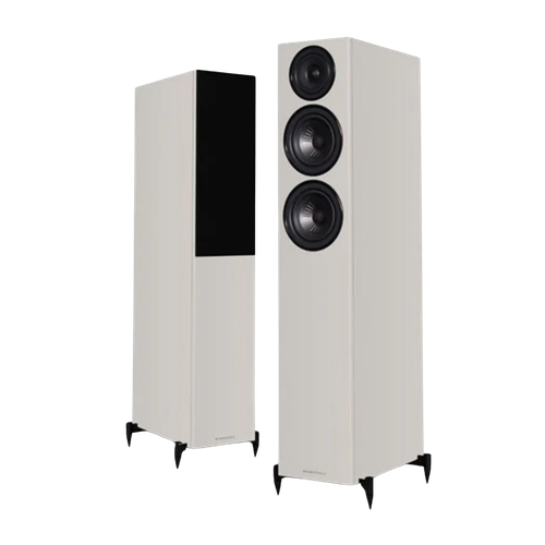 Wharfedale Diamond 12.4i Floorstanding Speaker Pair in Grey.  Shown with and without Grille.