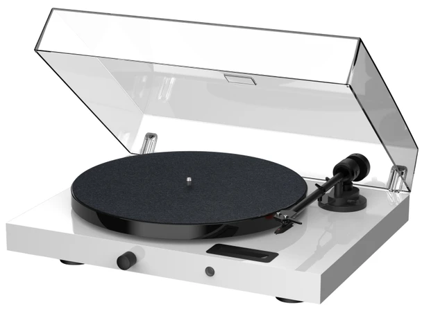 Project Juke Box E1 Turntable with Ortofon OM5e Cartridge, in High Gloss White, with Dustcover