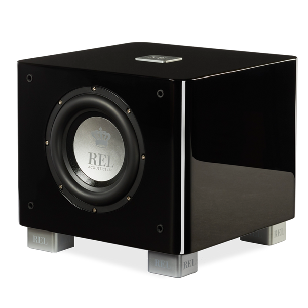 REL T/7x Subwoofer in High Gloss Black, angled without grille REL T/7x Subwoofer in High Gloss Black, angled without grille