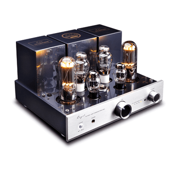 Cayin CS-805A SET Integrated Valve Amplifier in Silver, on angle

