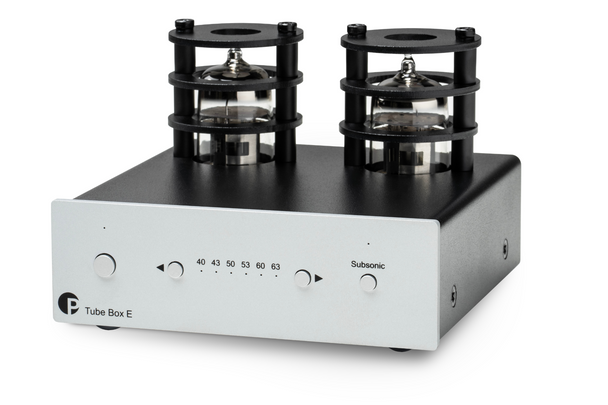 ProJect Tube Box E Phono Pre-amplifier, in Silver, angled ProJect Tube Box E Phono Pre-amplifier, in Silver, angled