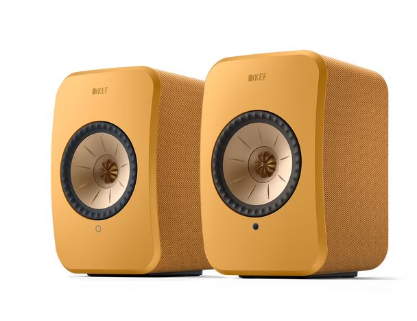KEF LSX II Wireless Powered Bookshelf Speakers in Amber Haze. Front, angled 