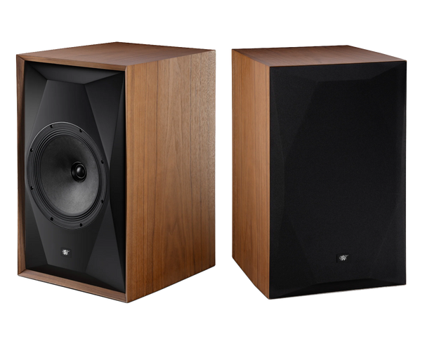 Mobile Fidelity SourcePoint 10 Master Edition Loudspeakers  in Satin Walnut, pair, one without  and one with grille