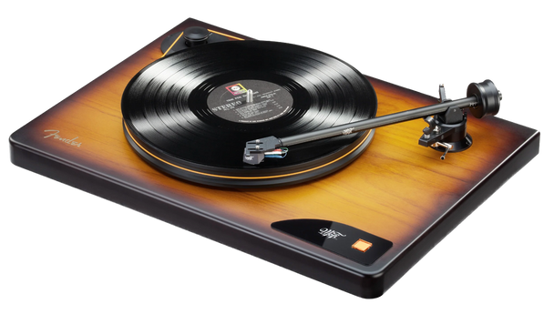MoFi Electronics American Vintage Turntable, angled left with record playing