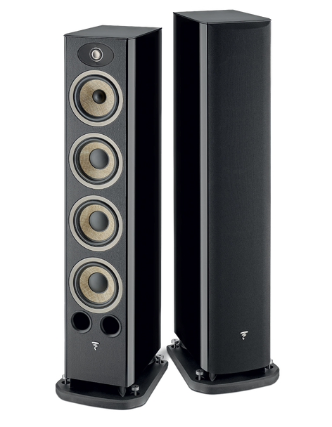 Focal Aria EVO X N° 3 Floorstanding Speaker pair in High Gloss Black. One without and the other with grille
