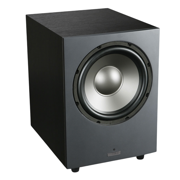 Mission LX-10SUB MKII Active Dynamic Drive IB Subwoofer in Lux Black Matte, angled 