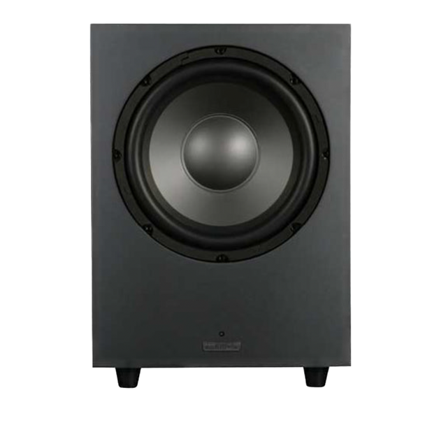 Mission LX-10SUB MKII Active Dynamic Drive IB Subwoofer in Walnut Pearl, angled with grille