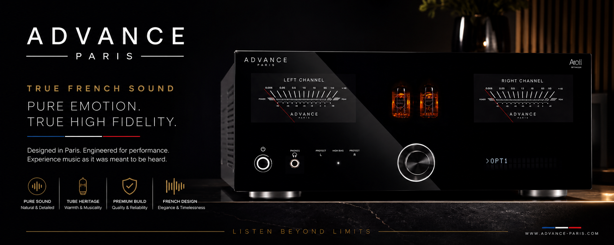 Advance Paris high-end audio brand logo representing premium French hi-fi amplifiers, streamers, DACs and stereo components available at Stereophonic.