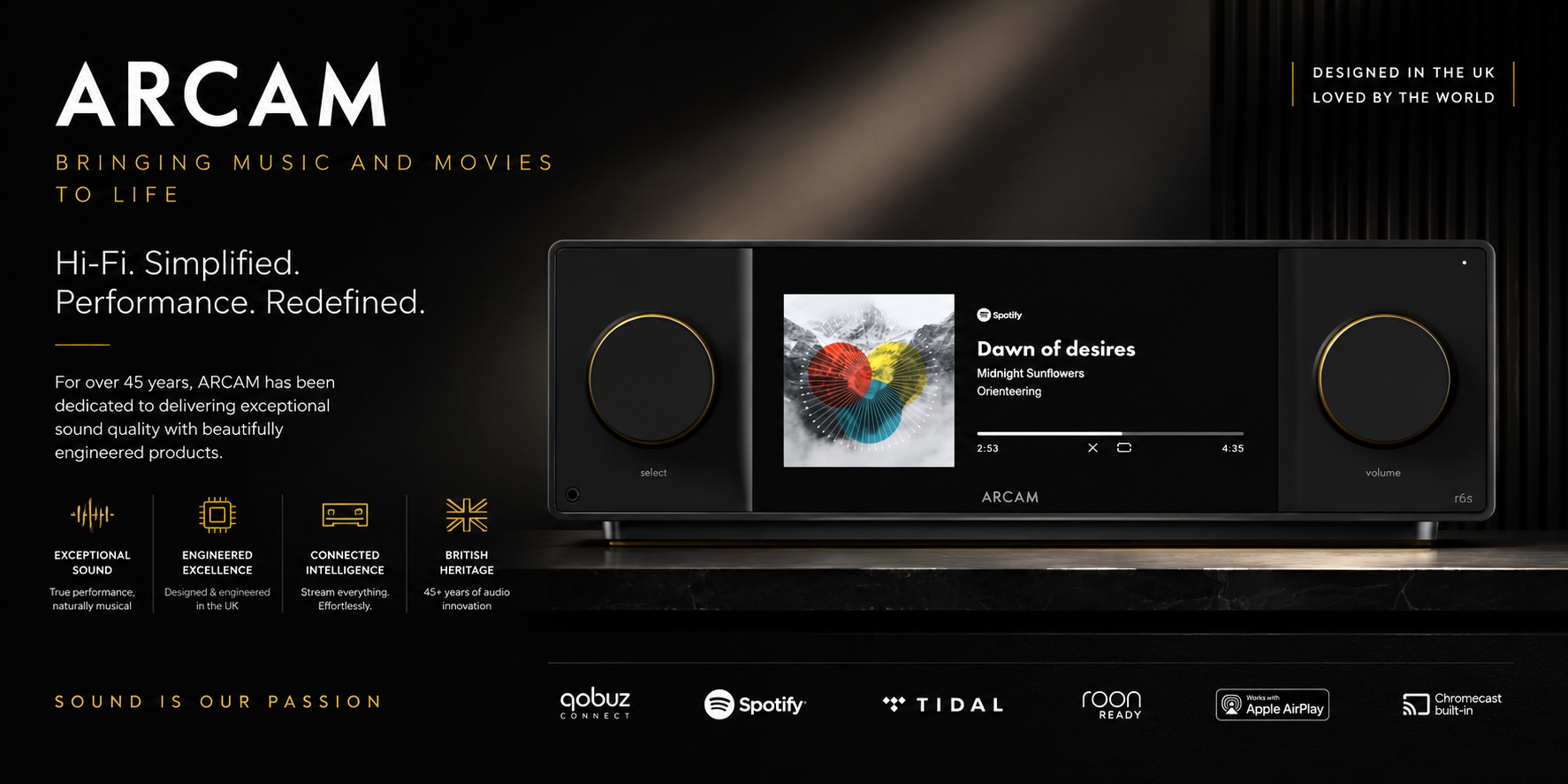 Arcam premium British hi-fi and home cinema audio brand known for high-performance amplifiers, AV receivers, DACs and streaming components available at Stereophonic.