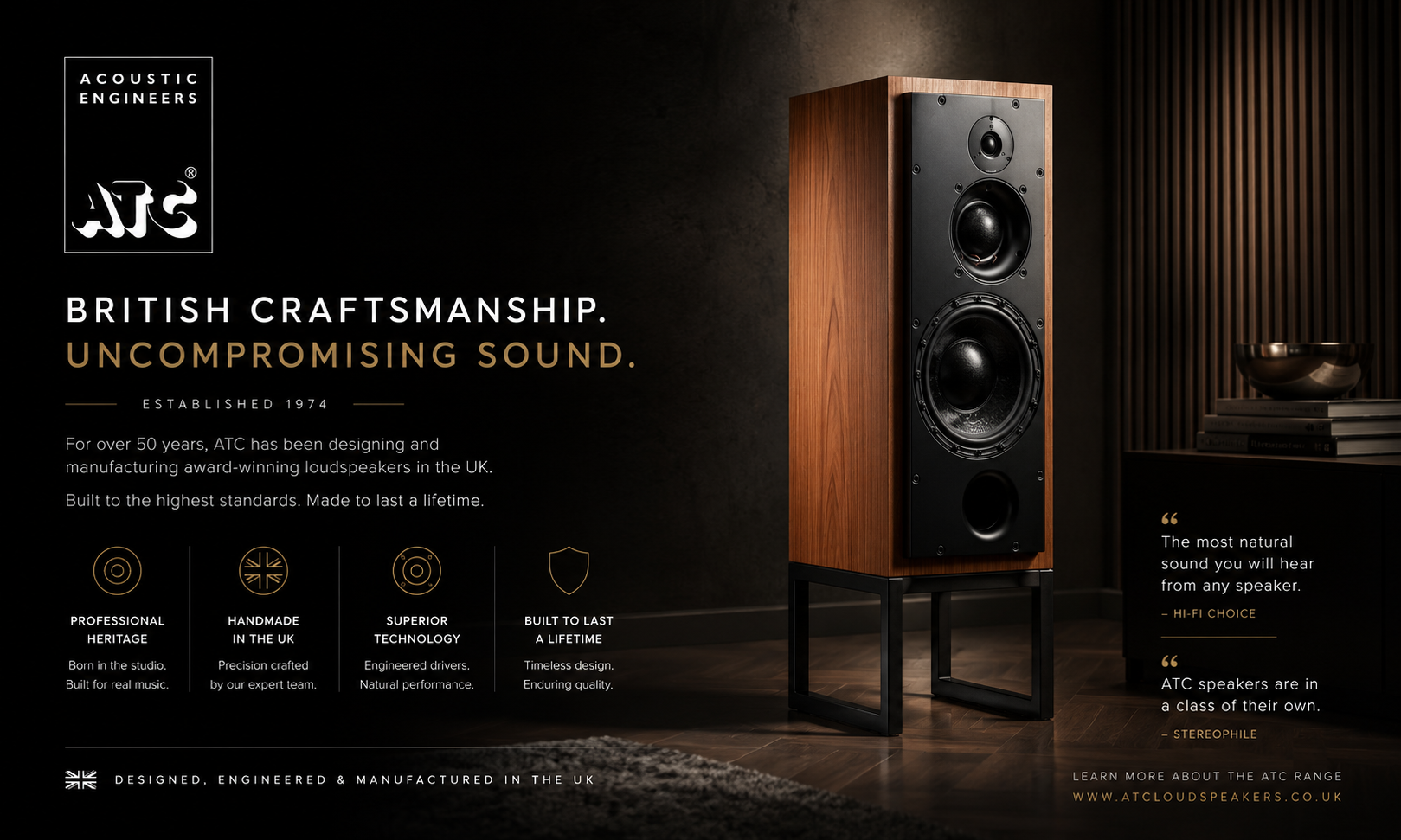 ATC Loudspeakers premium British audio brand renowned for reference-quality studio monitors, bookshelf speakers, floorstanding speakers and high-fidelity sound systems available at Stereophonic.