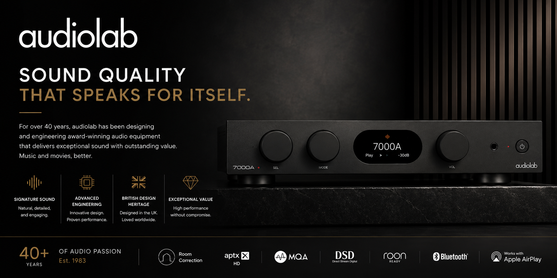 Audiolab British hi-fi audio brand known for high-performance amplifiers, DACs, CD players, streamers and stereo components delivering detailed and musical sound at Stereophonic.