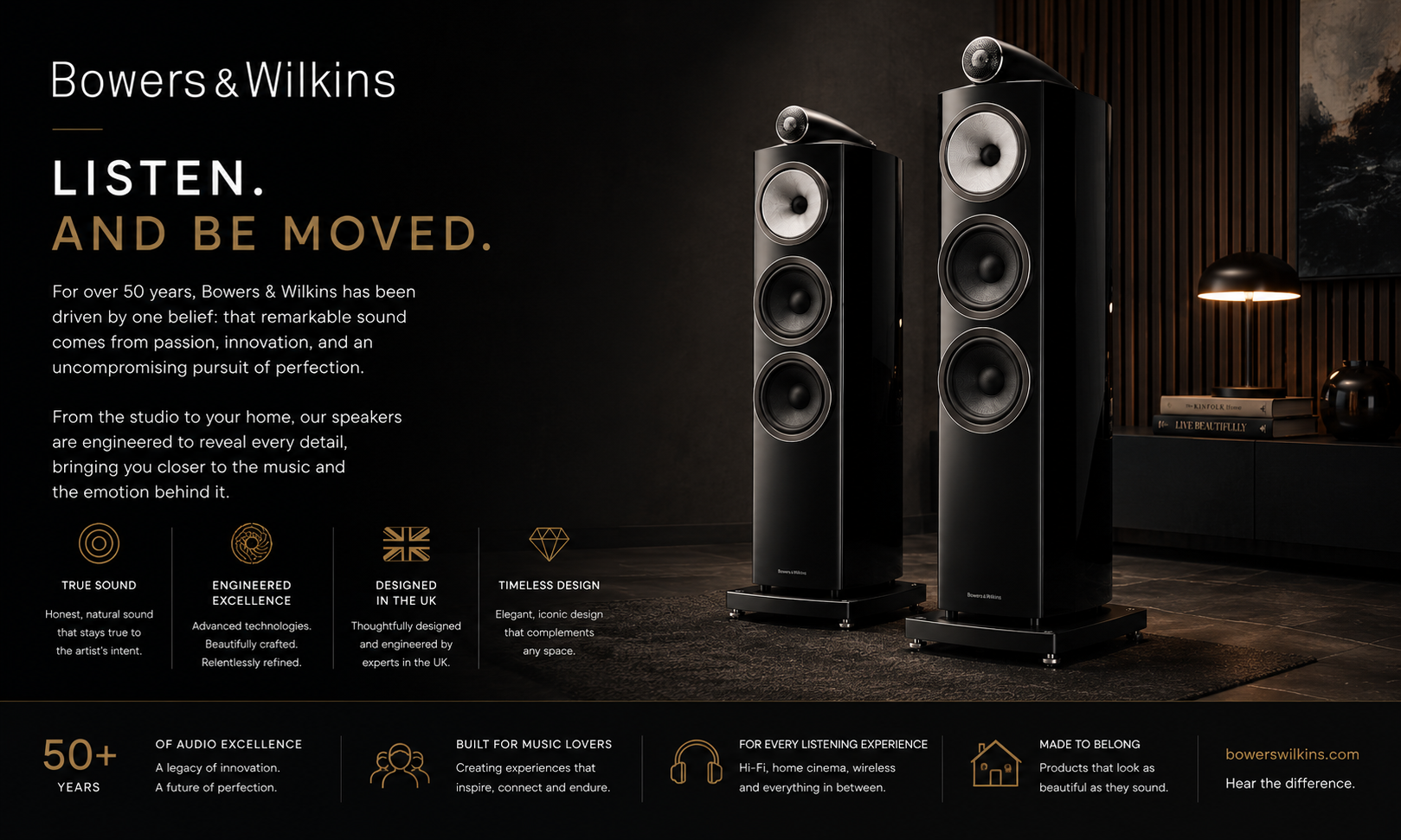 Bowers & Wilkins premium British loudspeaker brand renowned for high-end bookshelf speakers, floorstanding speakers, headphones and reference-quality home audio systems available at Stereophonic.