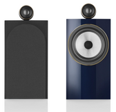 B&W 705 S3 Signature Bookshelf Speakers in Midnight Blue Metallic.  Image of front, one speaker with Grille the other without