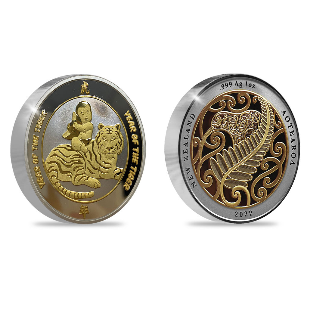 2022 Year of the Tiger 1oz Silver Gold Plated Medallion - NZ Post