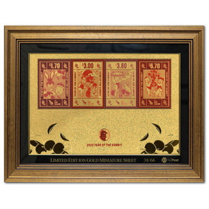 2023 Year of the Rabbit Numbered Gold Foiled Miniature Sheet with Coloured Stamp in Frame Number 38 | NZ Post Collectables