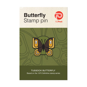 Tussock Butterfly Pin card front | NZ Post Collectables