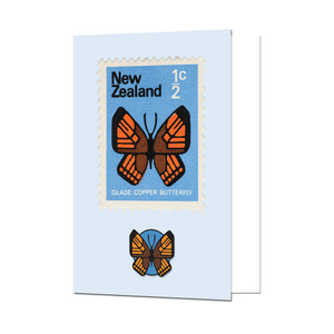 Glade Copper Butterfly 1/2c Stamp Greeting Card and Pin | NZ Post Collectables