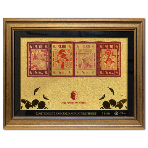 2023 Year of the Rabbit Numbered Gold Foiled Miniature Sheet with Coloured Stamp in Frame Number 38 | NZ Post Collectables