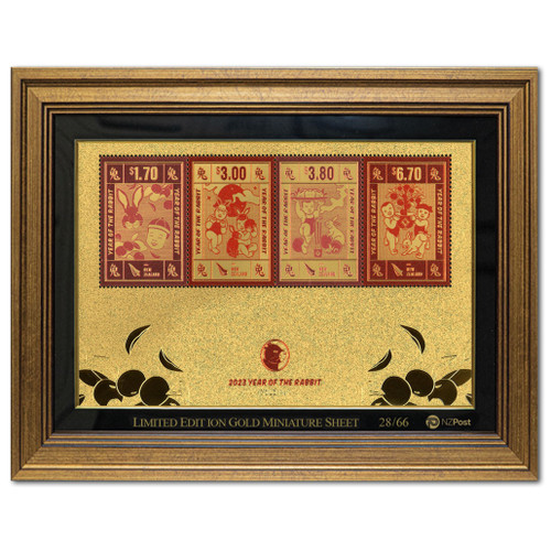 2023 Year of the Rabbit Numbered Gold Foiled Miniature Sheet with Coloured Stamp in Frame Number 28 | NZ Post Collectables